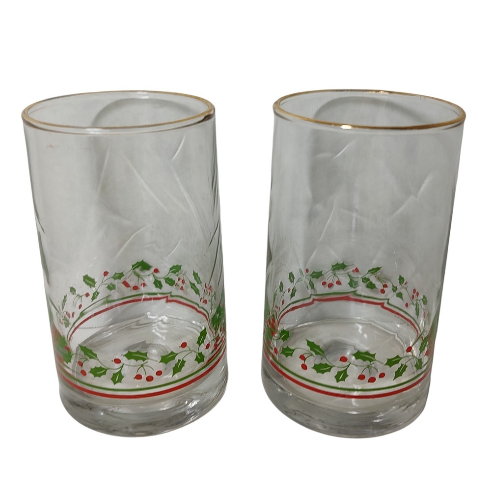 Vintage Arbys Christmas‎ Glasses Tumble Collection Holly Ribbon 1983 Set of Two